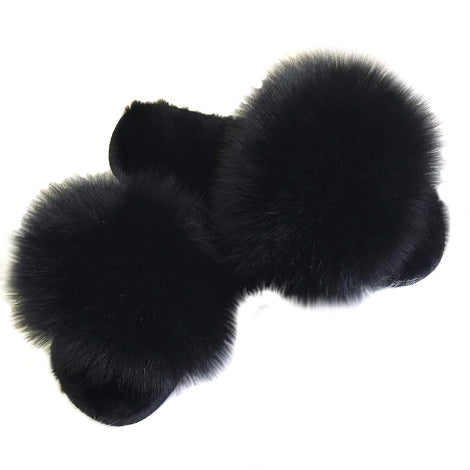 Black POOF Fluffy Fur Slides