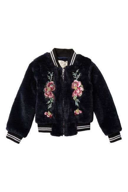 Navy Floral Patch Faux Fur Bomber - RSVP Style