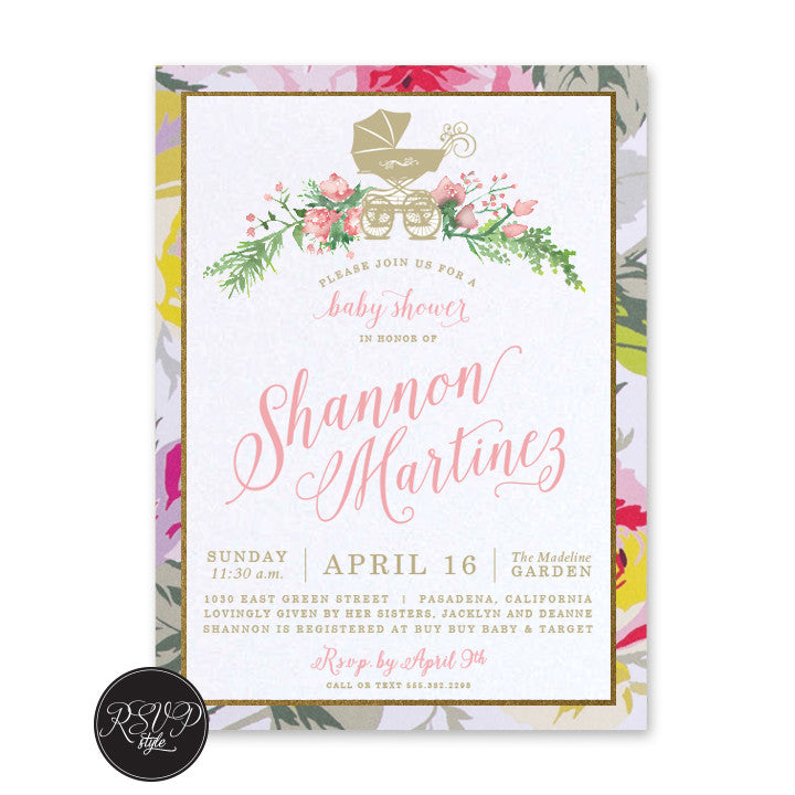 Floral Carriage Baby Shower Invitation - RSVP Style