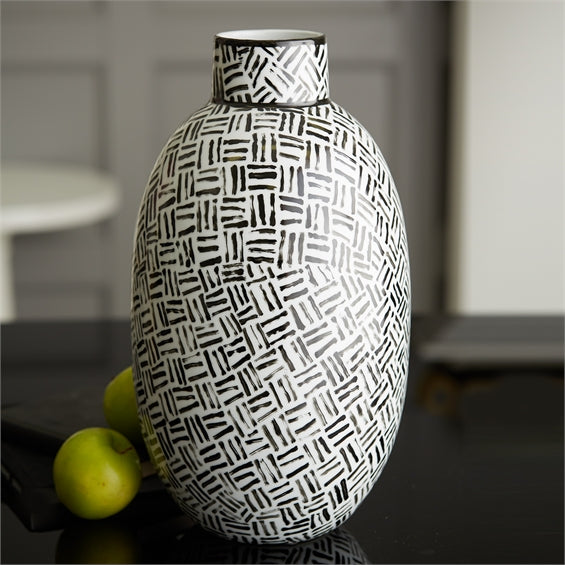 Abstracts Black and White Diagonal Lines Oval Vase - RSVP Style