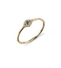 Yellow-Gold & Diamond Small Beze Evil Eye Ring With Blue Saphire Center - RSVP Style